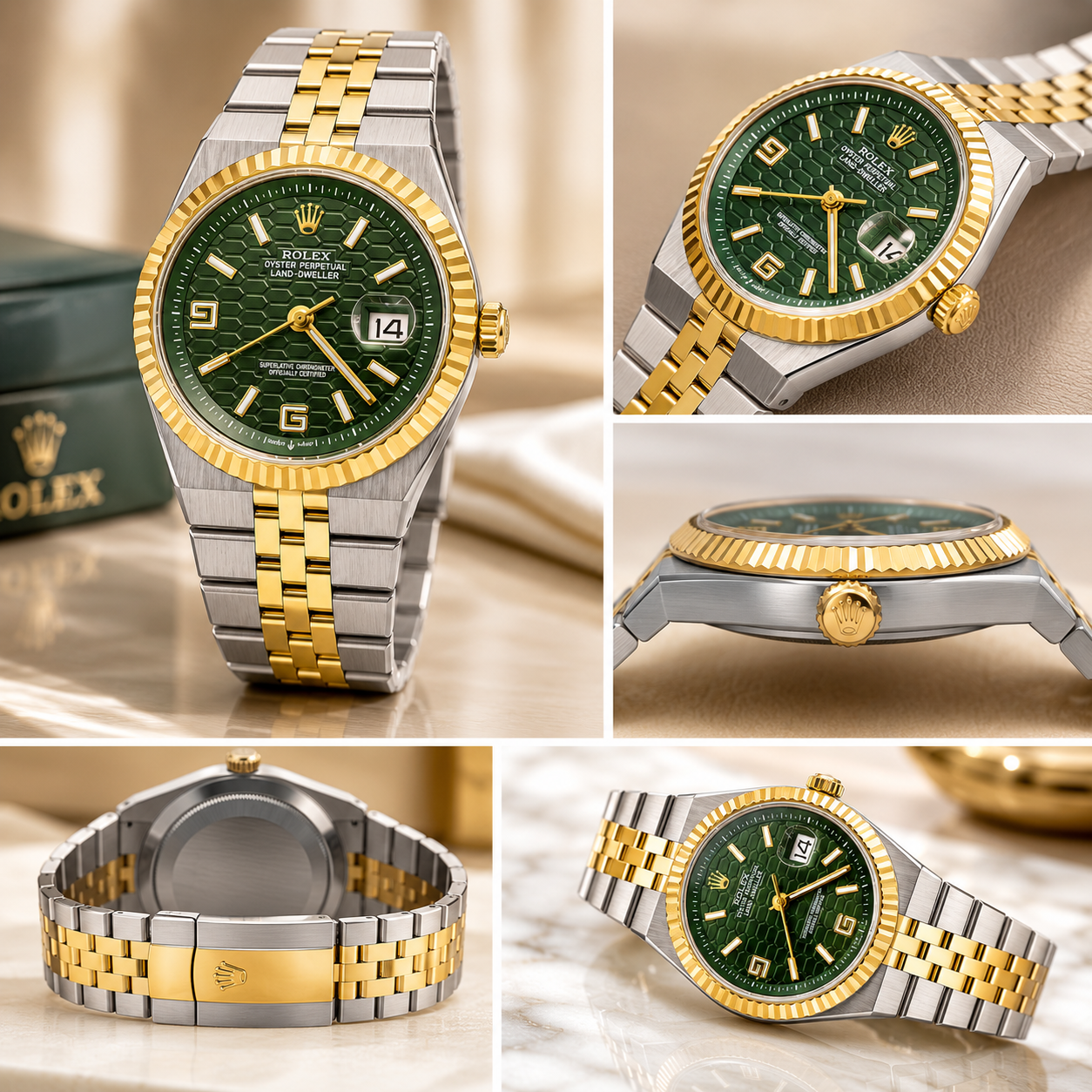 Rolex Oyster Perpetual Land-Dweller Two-Tone Luxury Watch | White and Green Honeycomb Dial & Date Display