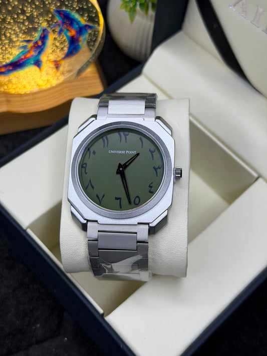 Universe Point Silver Octagonal Men's Watch – White Minimalist Dial – Stainless Steel Strap – Premium Analog Wristwatch