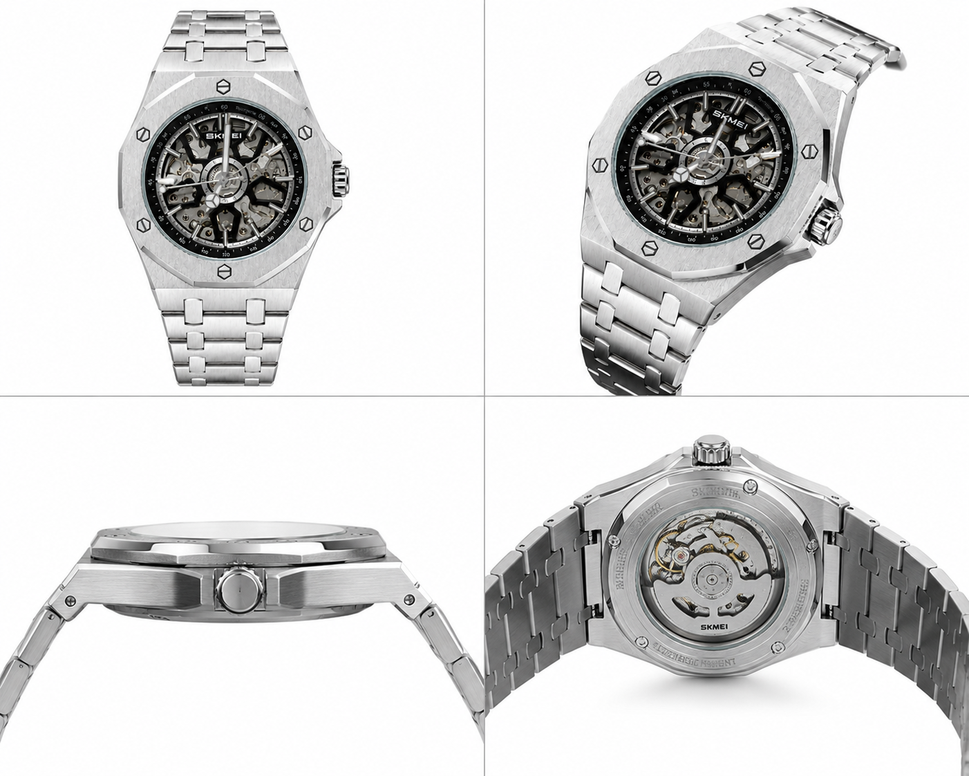 SKMEI M036 Premium Waterproof Skeleton Watch for Men | Luxury Silver Stainless Steel Wristwatch ⌚