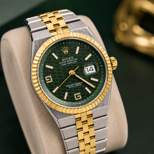 Rolex Oyster Perpetual Land-Dweller Two-Tone Luxury Watch | White and Green Honeycomb Dial & Date Display