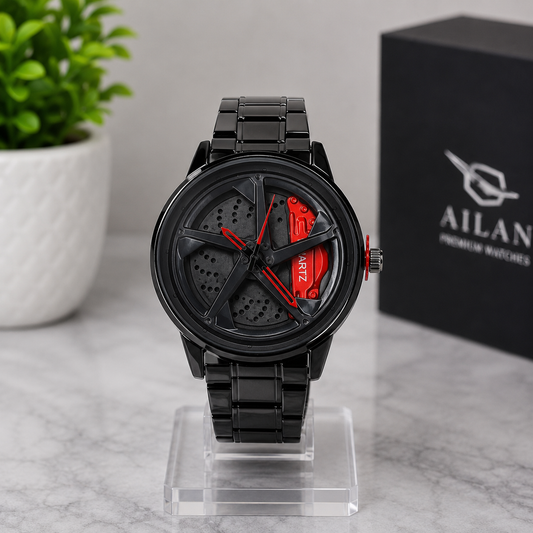 Luxury Black Sports Car Rim Design Men's Watch – Red Brake Caliper Dial – Stainless Steel Analog Quartz Wrist Watch