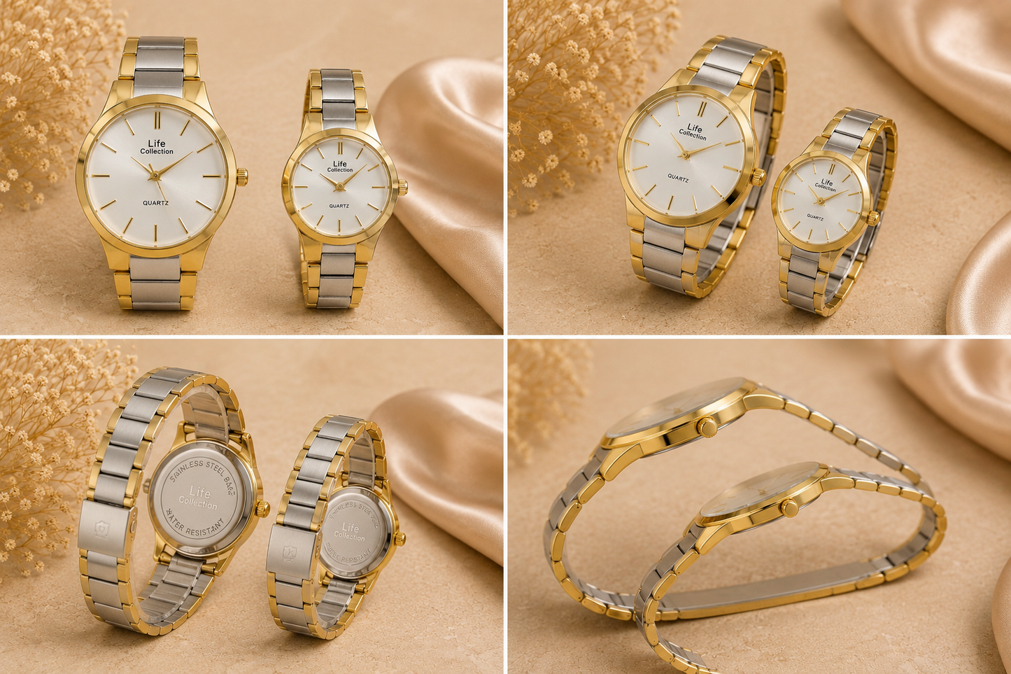 Life Collection Premium Couple Watch Set – Black,silver & Gold Luxury Quartz Wristwatches | His & Hers Matching Watches