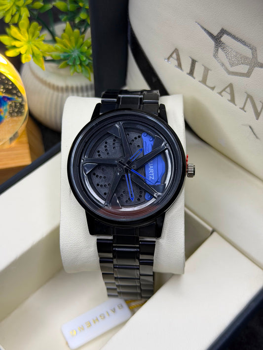 Luxury Black Sports Car Rim Design Men's Watch – Red Brake Caliper Dial – Stainless Steel Analog Quartz Wrist Watch