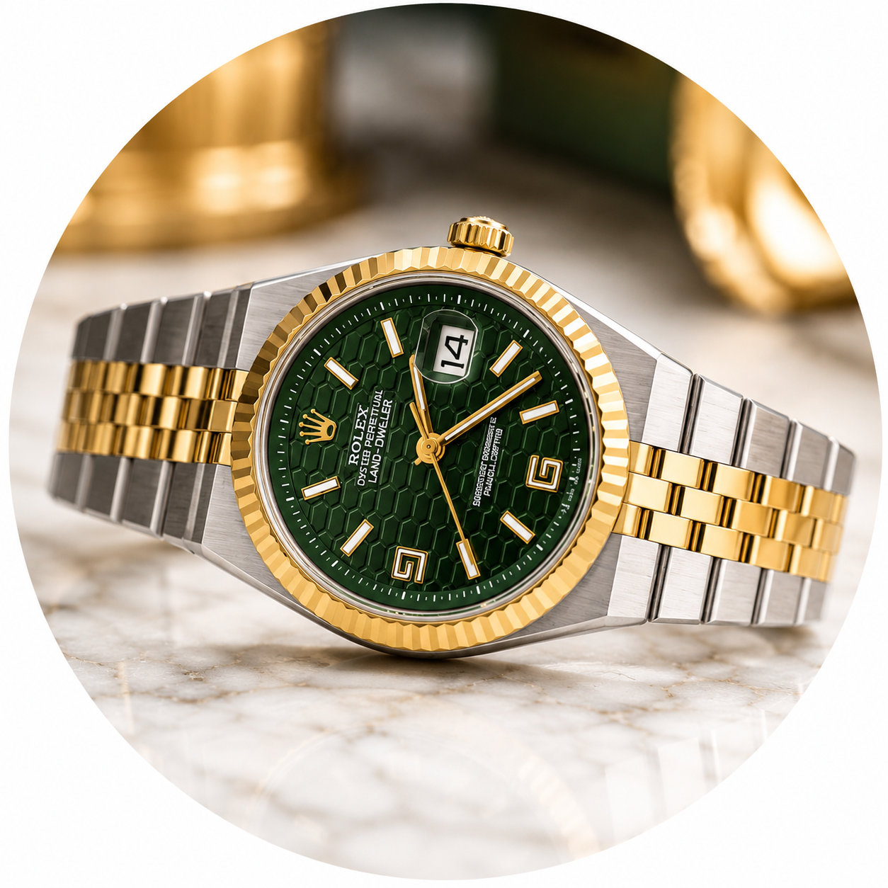 Rolex Oyster Perpetual Land-Dweller Two-Tone Luxury Watch | White and Green  Honeycomb Dial & Date Display