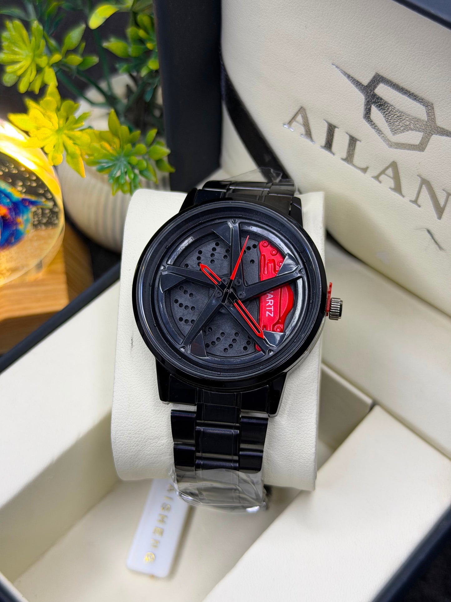 Luxury Black Sports Car Rim Design Men's Watch – Red Brake Caliper Dial – Stainless Steel Analog Quartz Wrist Watch