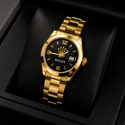 Royal Crown Gold Luxury Men's Watch – Black Dial, Date Display, Stainless Steel Strap, Waterproof Quartz Movement ⌚✨