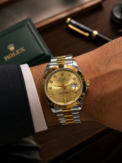 Rolex Day-Date Two-Tone Gold Dial Luxury Watch with Diamond Hour Markers | Premium Stainless Steel Men's Wristwatch