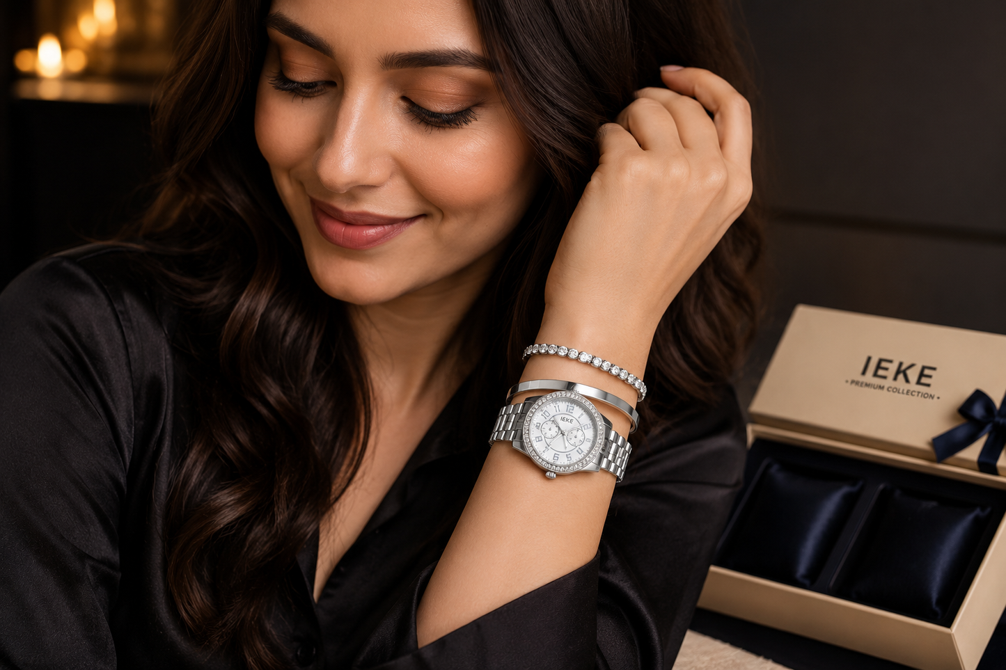 IEKE Premium Women's Watch & Bracelet Gift Set – Silver Crystal Luxury Collection