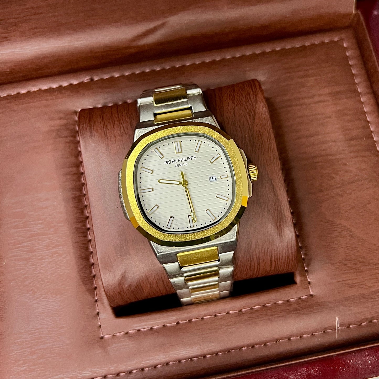 Patek Philippe Geneva Premium Two-Tone Luxury Watch with Date Display | Gold & Silver Stainless Steel Design