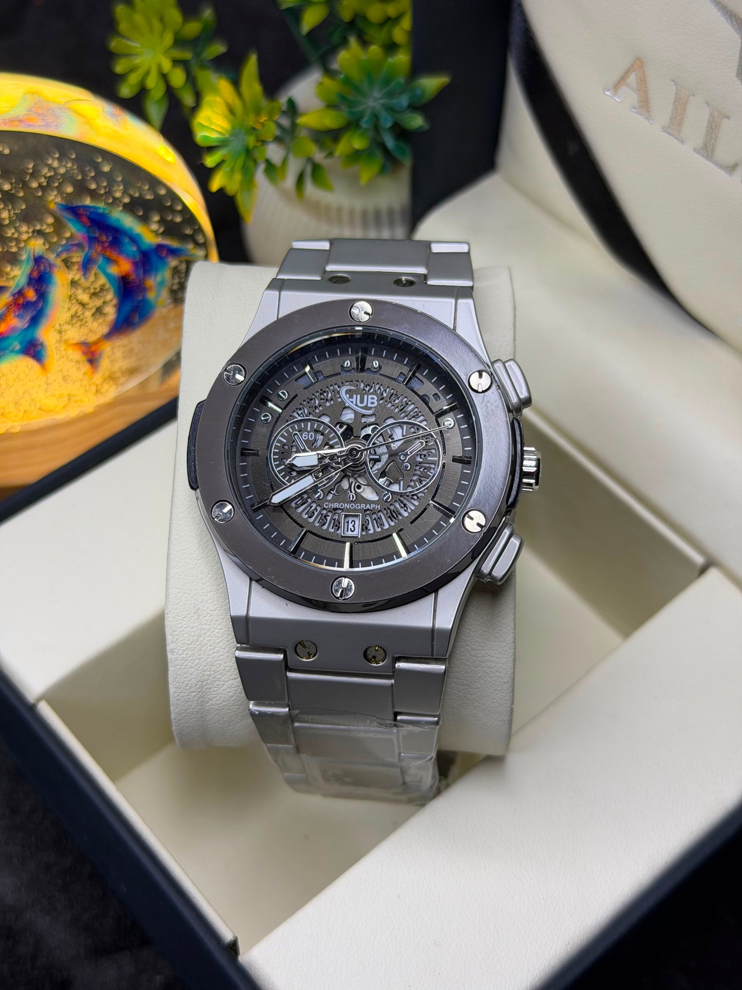Luxury Silver Chronograph Men's Watch – Stainless Steel Analog Quartz Wrist Watch – Skeleton Style Dial