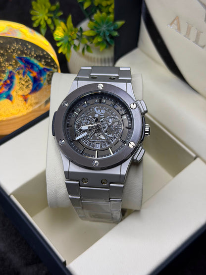 Luxury Silver Chronograph Men's Watch – Stainless Steel Analog Quartz Wrist Watch – Skeleton Style Dial