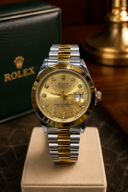 Rolex Day-Date Two-Tone Gold Dial Luxury Watch with Diamond Hour Markers | Premium Stainless Steel Men's Wristwatch