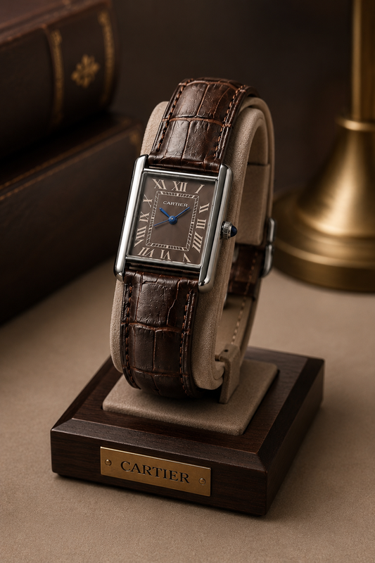Cartier Tank Style Men's Rectangular Leather Strap Quartz Watch – Brown Dial | Premium Classic Dress Watch