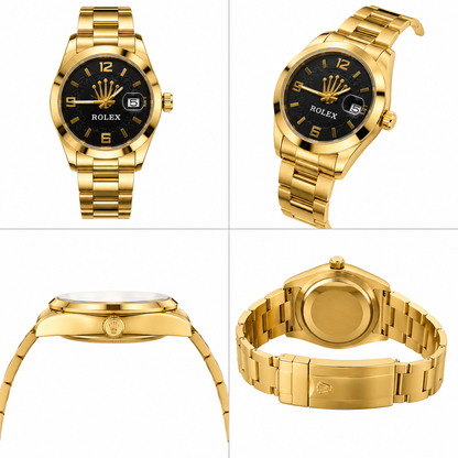 Royal Crown Gold Luxury Men's Watch – Black Dial, Date Display, Stainless Steel Strap, Waterproof Quartz Movement ⌚✨