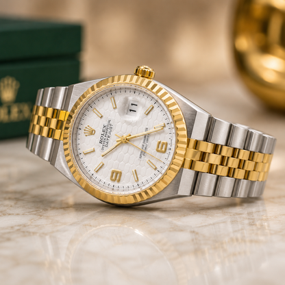 Rolex Oyster Perpetual Land-Dweller Two-Tone Luxury Watch | White and Green  Honeycomb Dial & Date Display