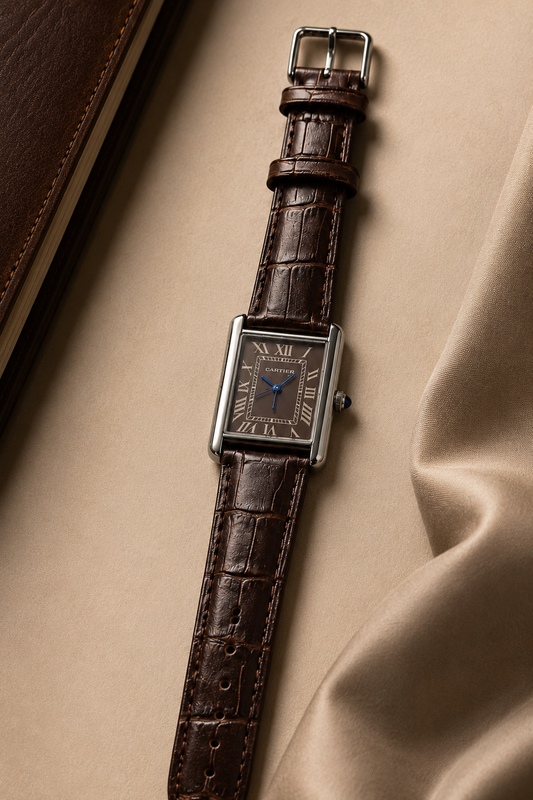 Cartier Tank Style Men's Rectangular Leather Strap Quartz Watch – Brown Dial | Premium Classic Dress Watch