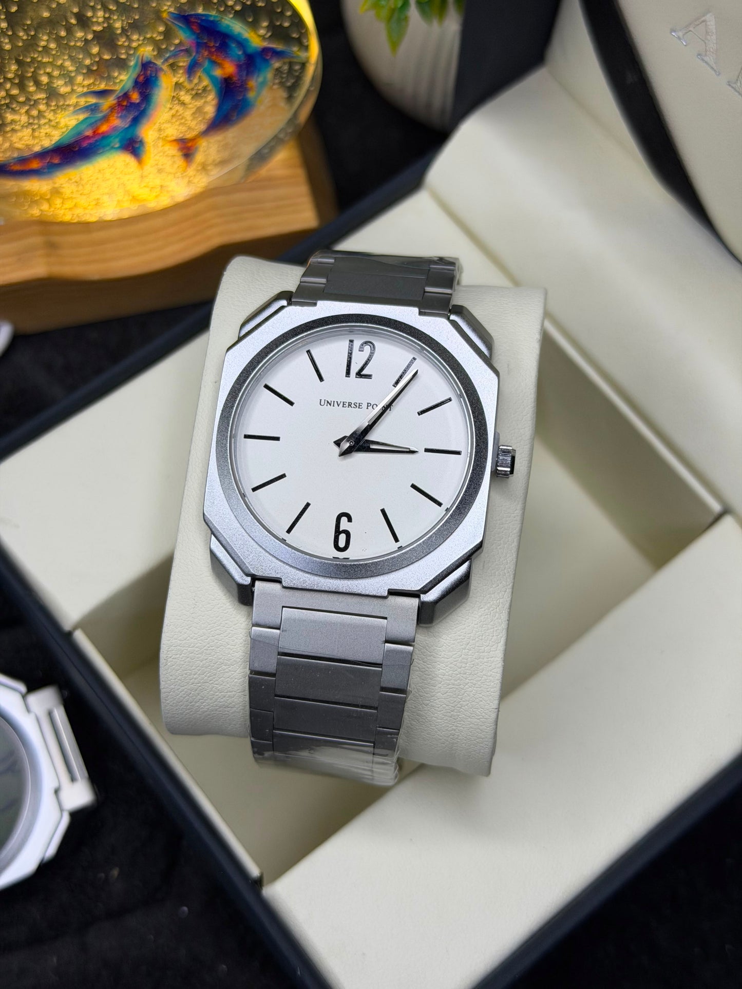 Universe Point Silver Octagonal Men's Watch – White Minimalist Dial – Stainless Steel Strap – Premium Analog Wristwatch
