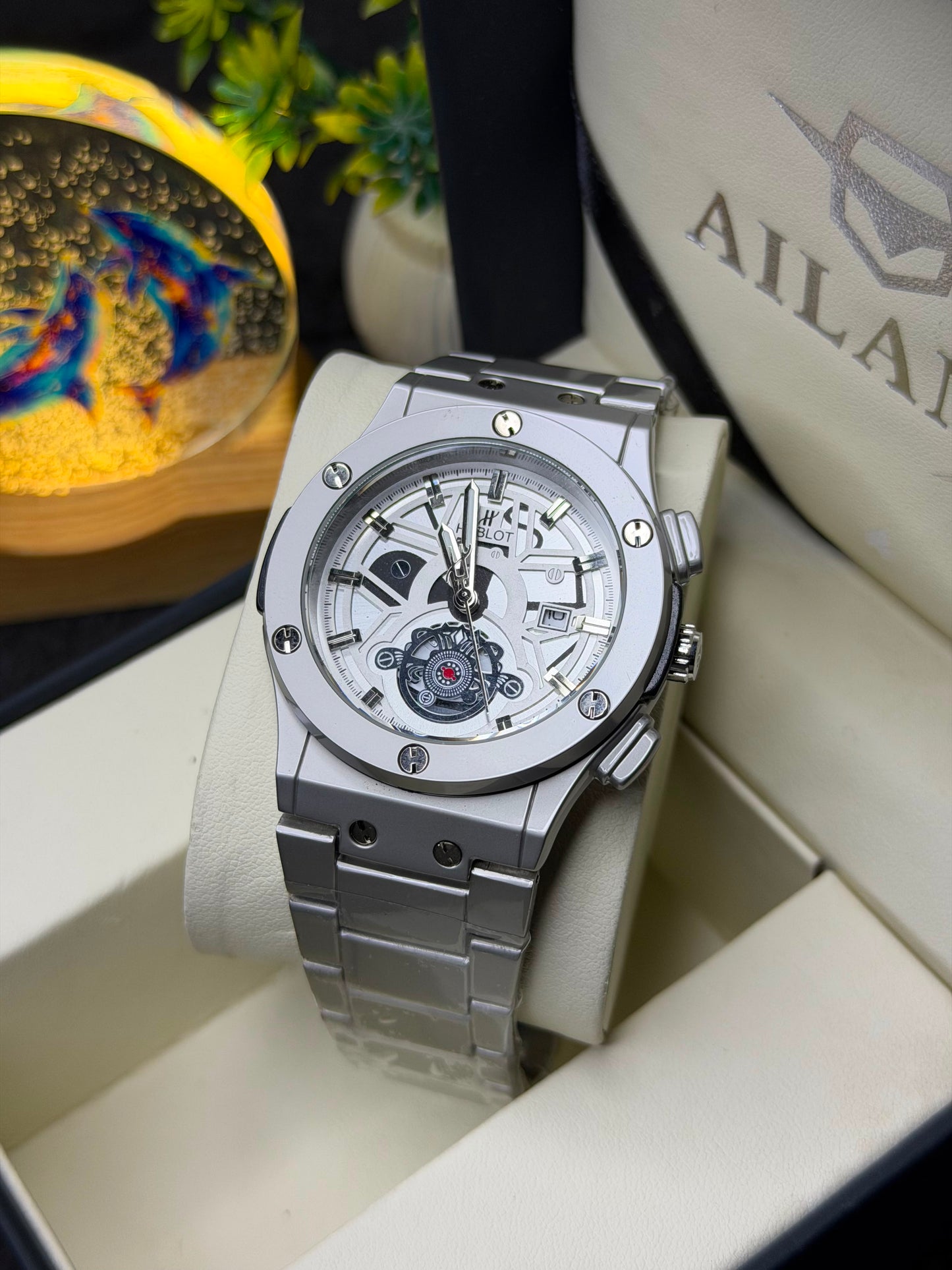 Luxury Silver Chronograph Men's Watch – Stainless Steel Analog Quartz Wrist Watch – Skeleton Style Dial