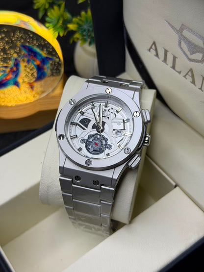 Luxury Silver Chronograph Men's Watch – Stainless Steel Analog Quartz Wrist Watch – Skeleton Style Dial