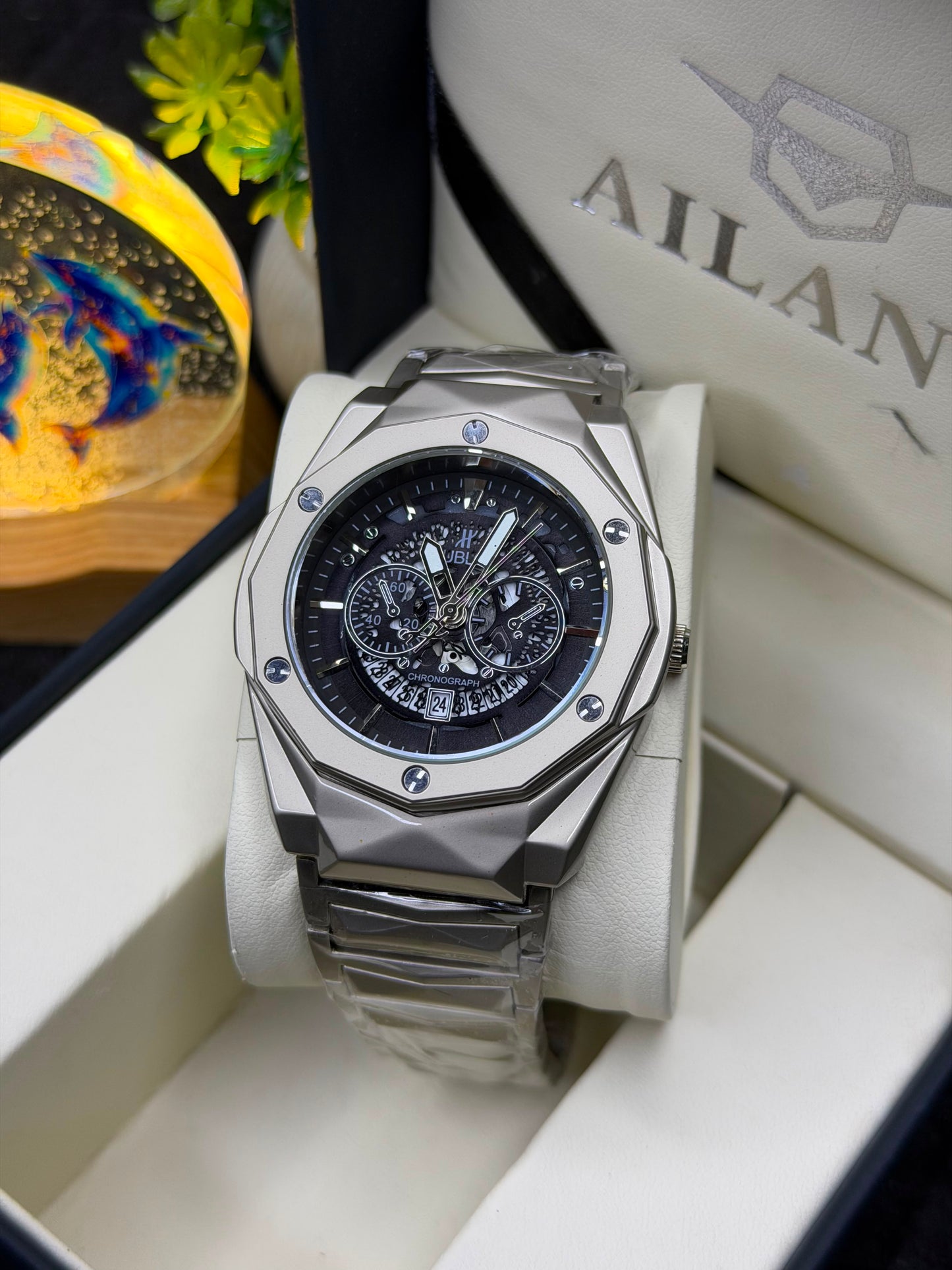 Luxury Silver Chronograph Men's Watch – Stainless Steel Analog Quartz Wrist Watch – Skeleton Style Dial