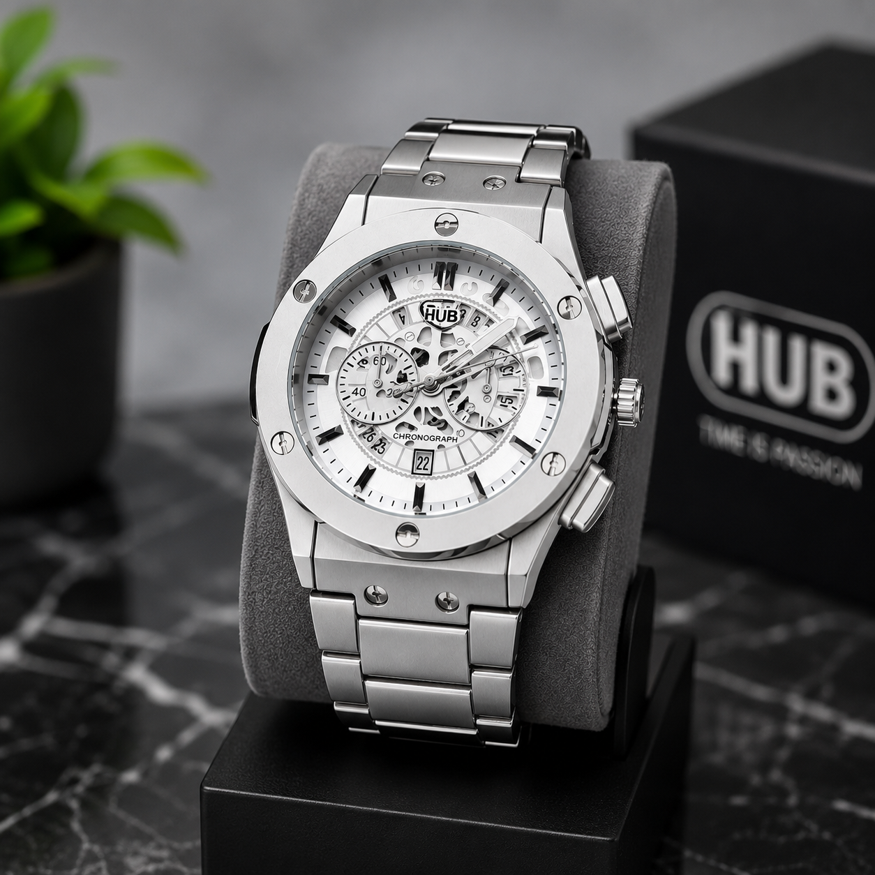 Luxury Silver Chronograph Men's Watch – Stainless Steel Analog Quartz Wrist Watch – Skeleton Style Dial