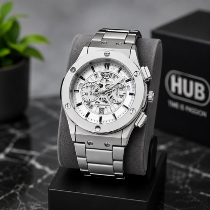Luxury Silver Chronograph Men's Watch – Stainless Steel Analog Quartz Wrist Watch – Skeleton Style Dial