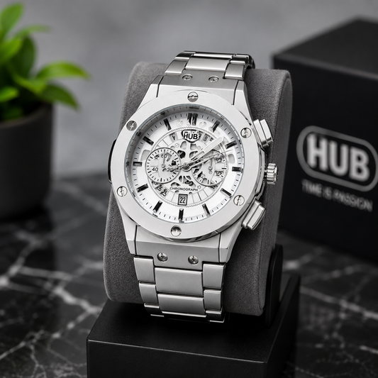 Luxury Silver Chronograph Men's Watch – Stainless Steel Analog Quartz Wrist Watch – Skeleton Style Dial