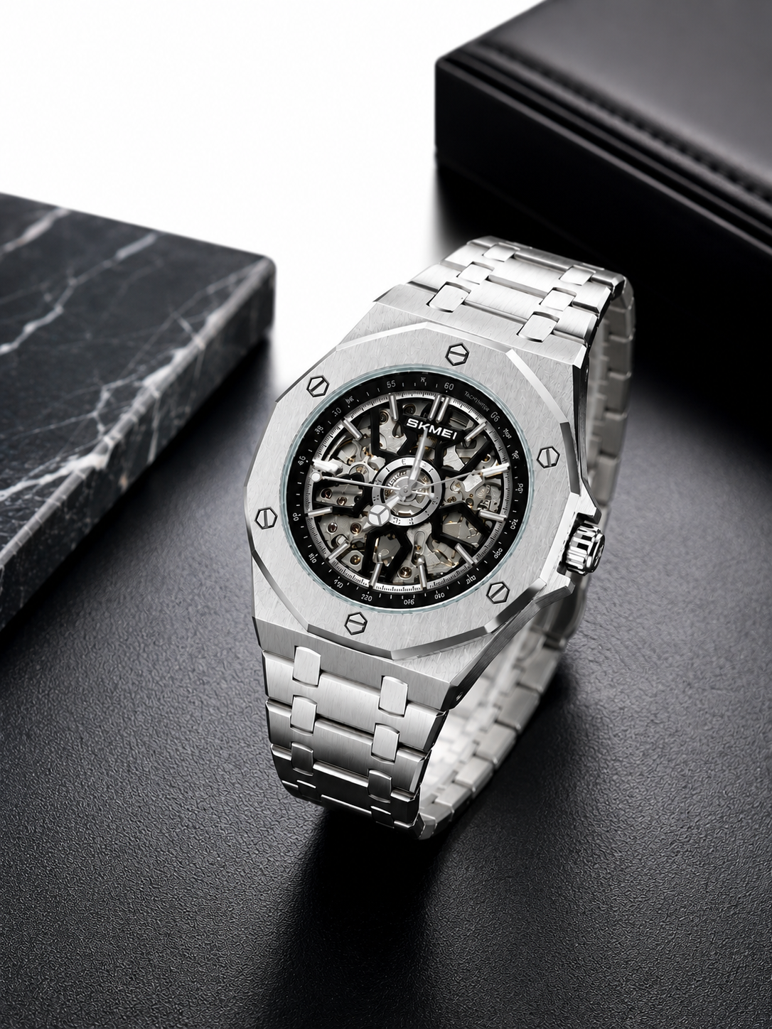 SKMEI M036 Premium Waterproof Skeleton Watch for Men | Luxury Silver Stainless Steel Wristwatch ⌚