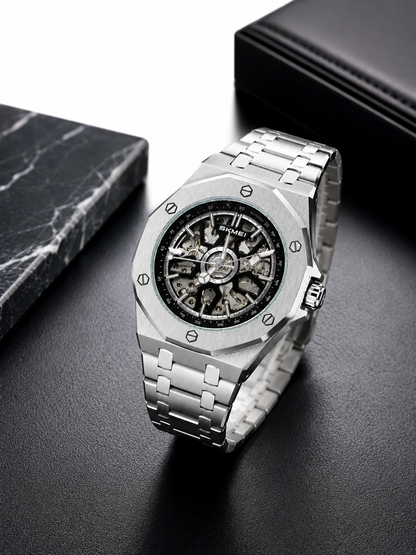 SKMEI M036 Premium Waterproof Skeleton Watch for Men | Luxury Silver Stainless Steel Wristwatch ⌚