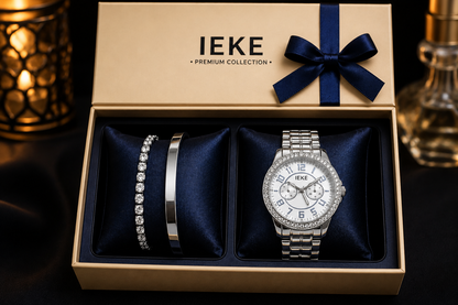 IEKE Premium Women's Watch & Bracelet Gift Set – Silver Crystal Luxury Collection