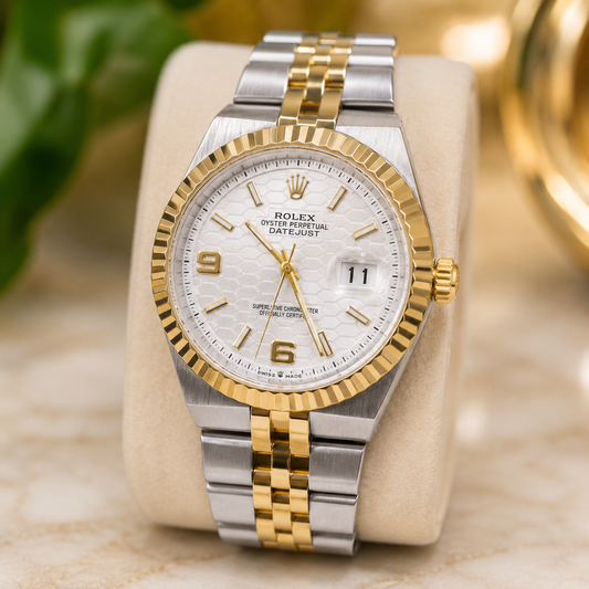 Rolex Oyster Perpetual Land-Dweller Two-Tone Luxury Watch | White and Green  Honeycomb Dial & Date Display