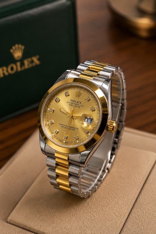 Rolex Day-Date Two-Tone Gold Dial Luxury Watch with Diamond Hour Markers | Premium Stainless Steel Men's Wristwatch