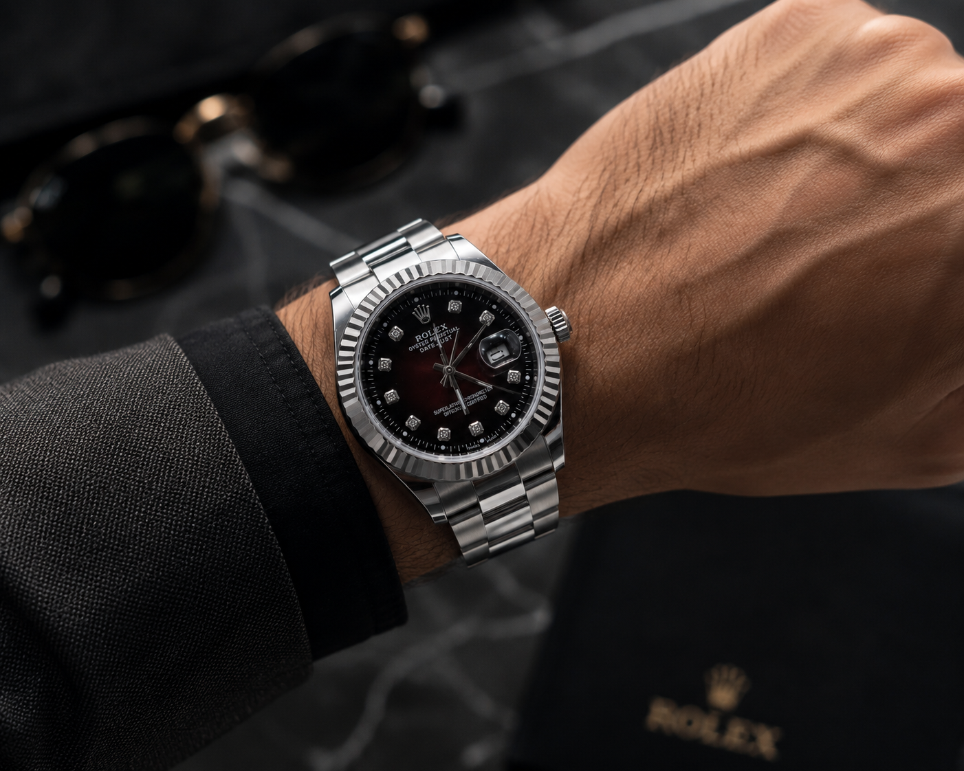 Roli Datejust Oyster Perpetual Men's Watch – Red Black Diamond Dial – Stainless Steel – Automatic Luxury Watch