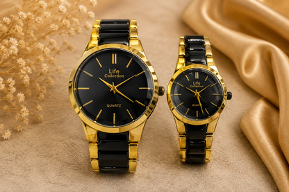 Life Collection Premium Couple Watch Set – Black,silver & Gold Luxury Quartz Wristwatches | His & Hers Matching Watches