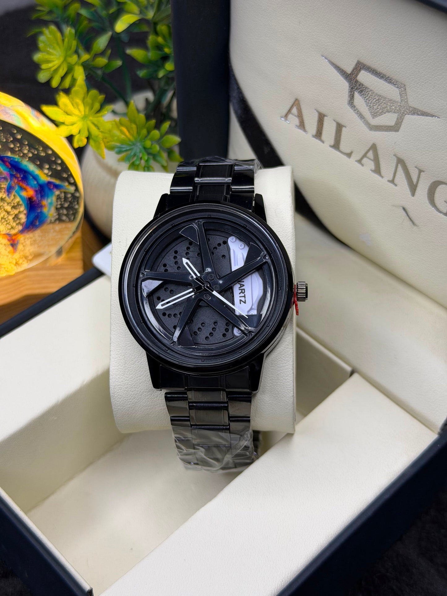 Luxury Black Sports Car Rim Design Men's Watch – Red Brake Caliper Dial – Stainless Steel Analog Quartz Wrist Watch