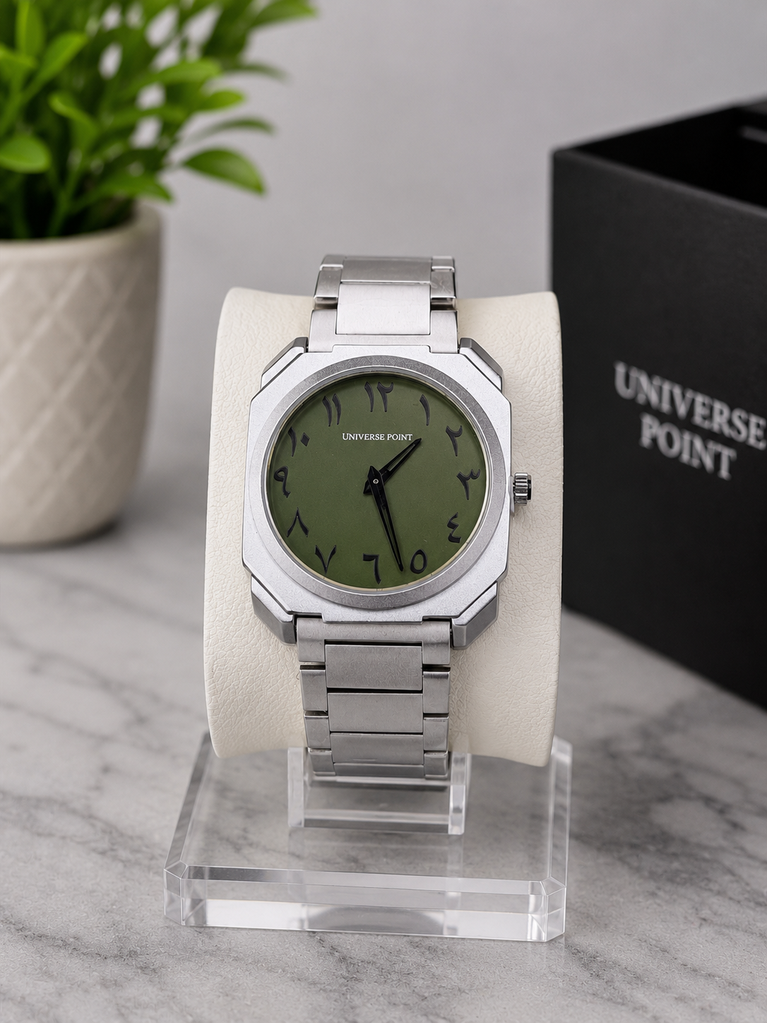 Universe Point Silver Octagonal Men's Watch – White Minimalist Dial – Stainless Steel Strap – Premium Analog Wristwatch