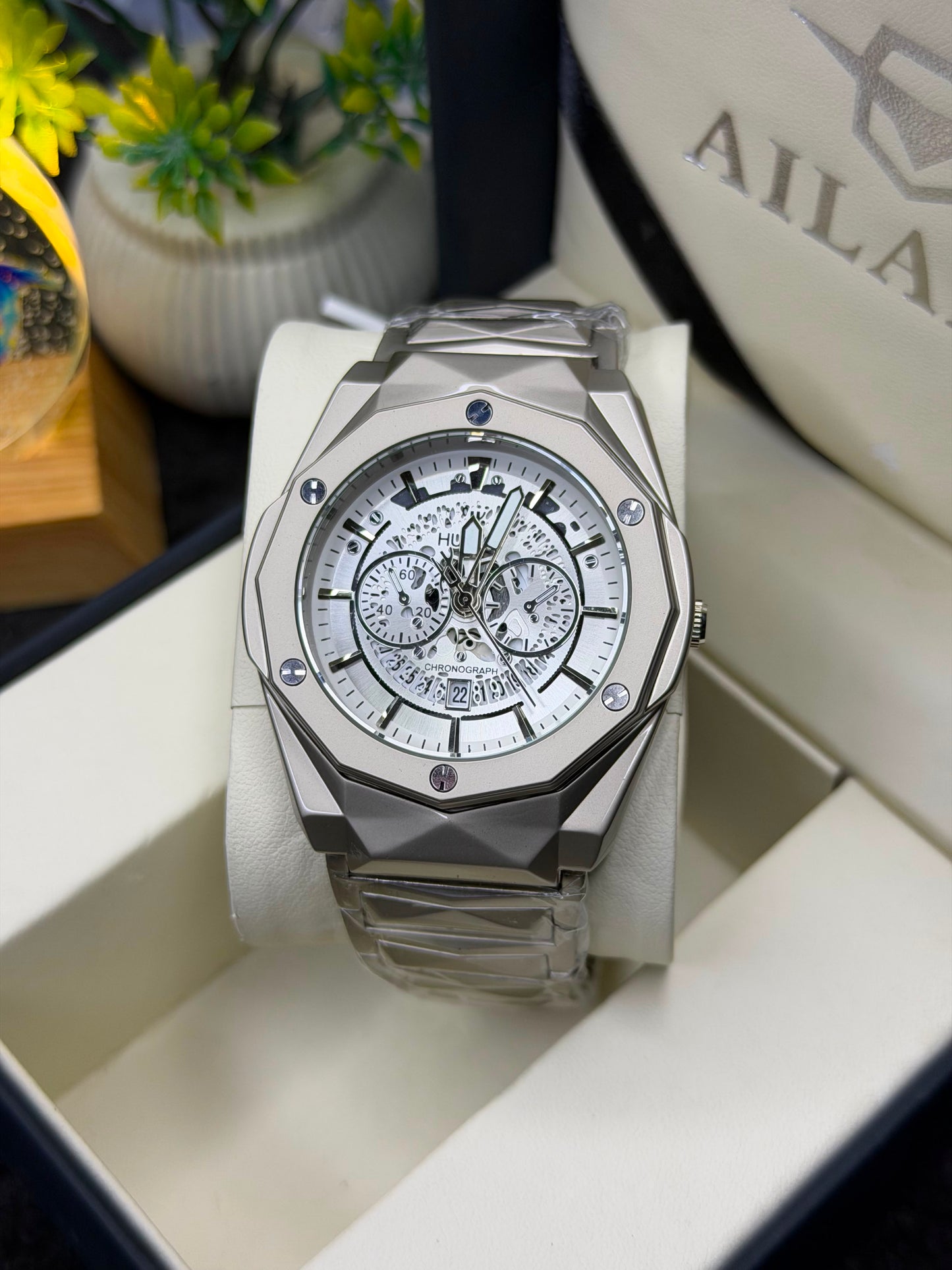 Luxury Silver Chronograph Men's Watch – Stainless Steel Analog Quartz Wrist Watch – Skeleton Style Dial