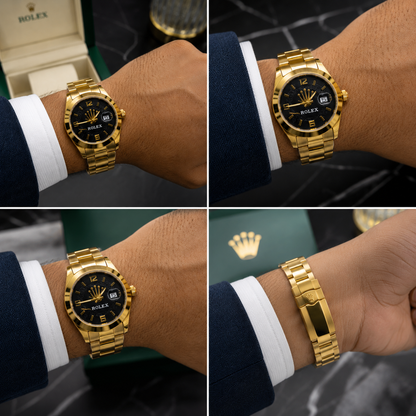 Royal Crown Gold Luxury Men's Watch – Black Dial, Date Display, Stainless Steel Strap, Waterproof Quartz Movement ⌚✨