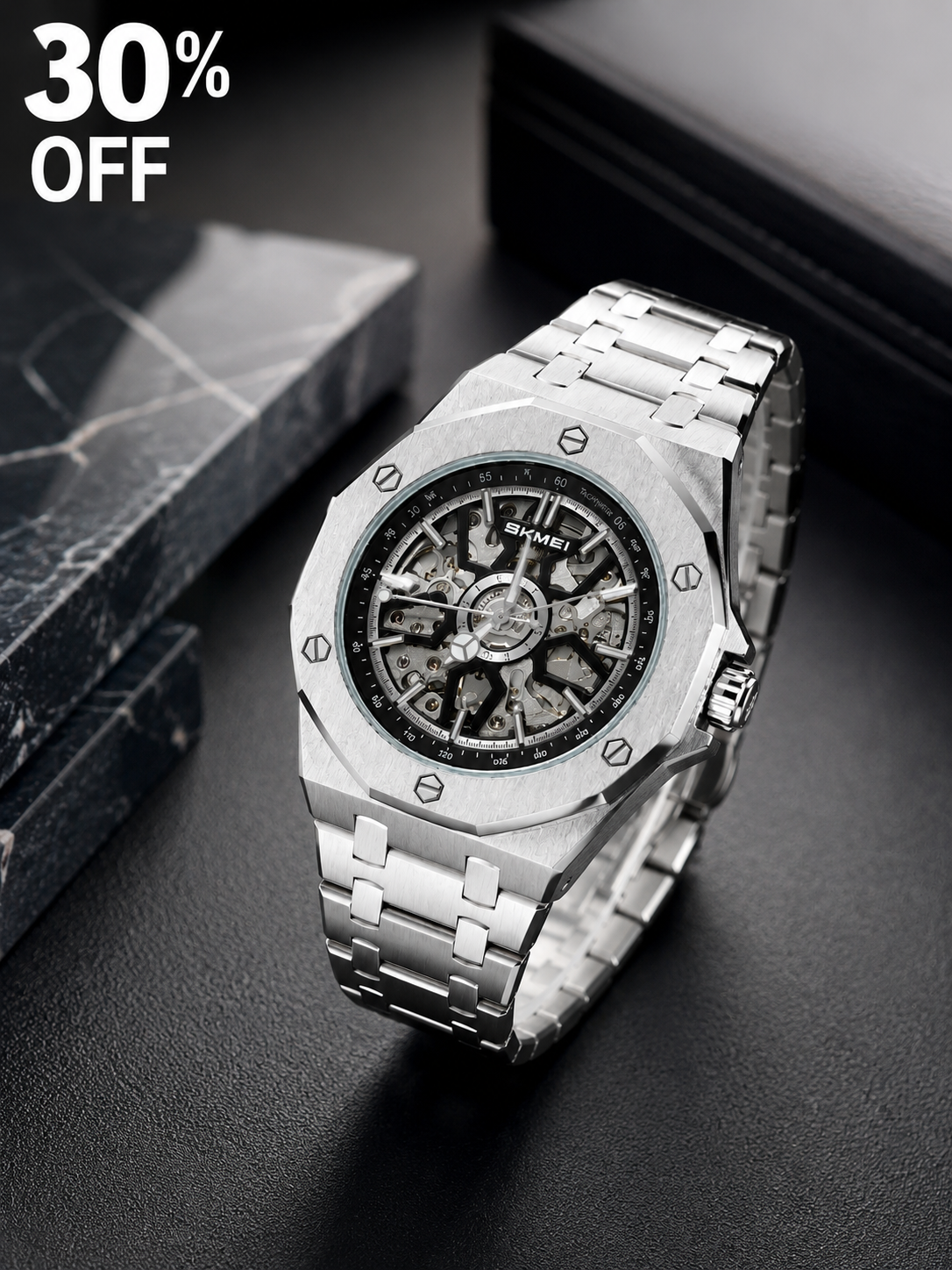 SKMEI M036 Premium Waterproof Skeleton Watch for Men | Luxury Silver Stainless Steel Wristwatch ⌚