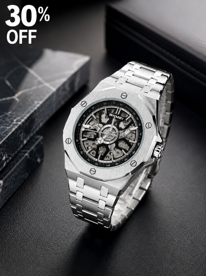 SKMEI M036 Premium Waterproof Skeleton Watch for Men | Luxury Silver Stainless Steel Wristwatch ⌚