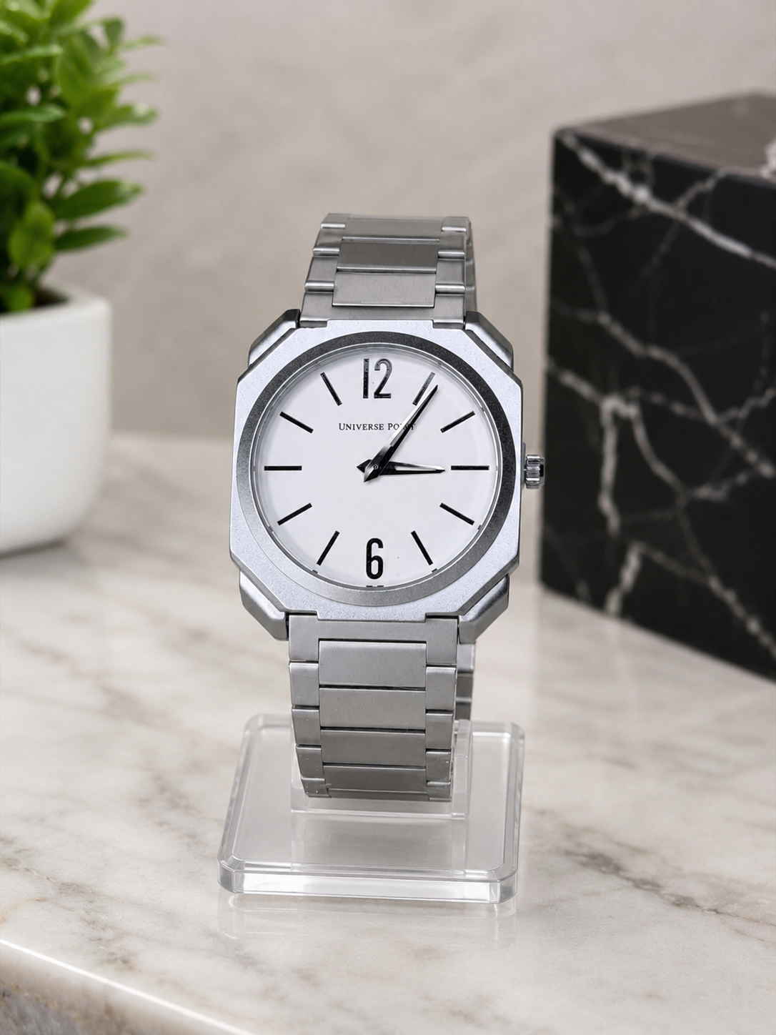 Universe Point Silver Octagonal Men's Watch – White Minimalist Dial – Stainless Steel Strap – Premium Analog Wristwatch