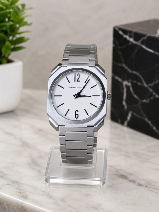 Universe Point Silver Octagonal Men's Watch – White Minimalist Dial – Stainless Steel Strap – Premium Analog Wristwatch