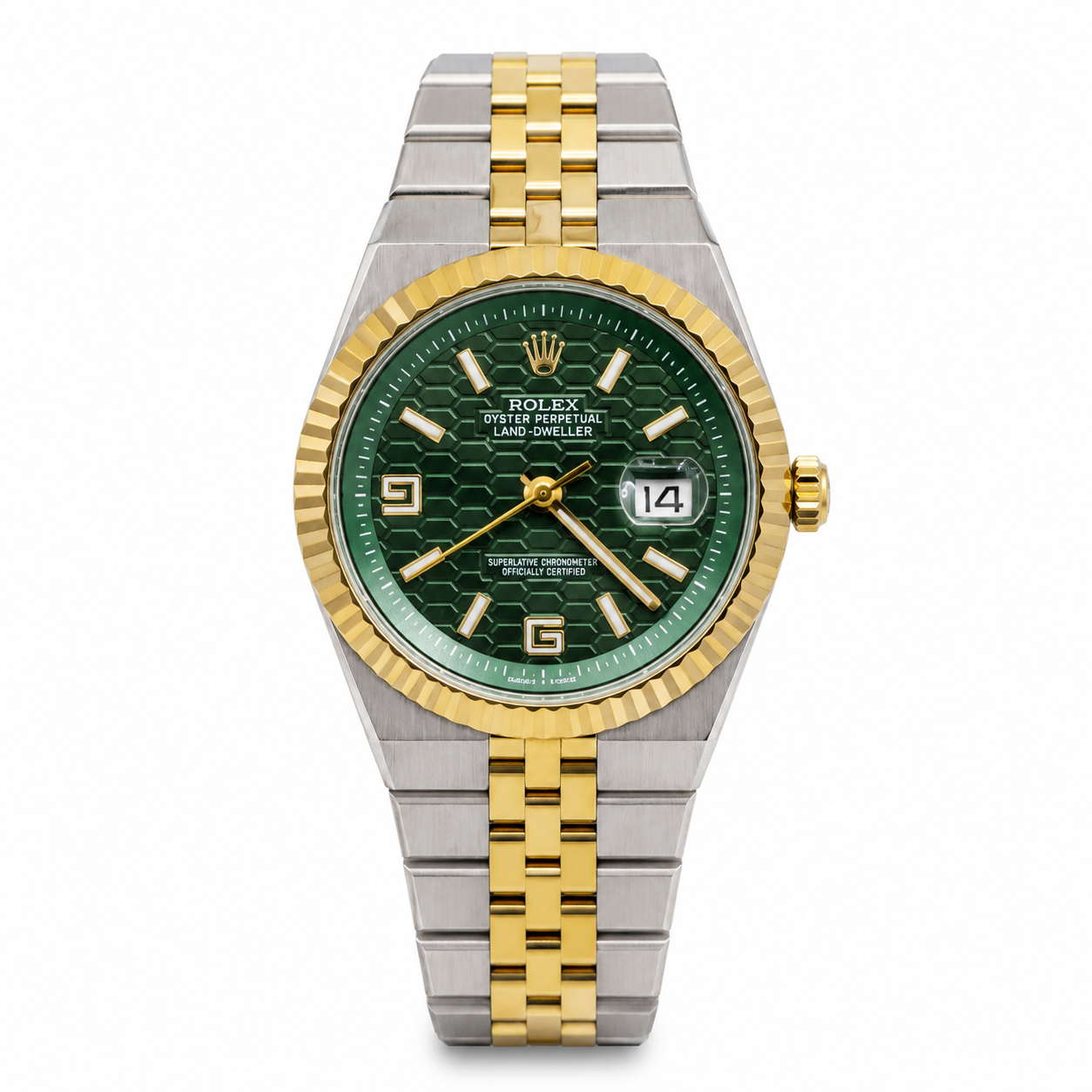 Rolex Oyster Perpetual Land-Dweller Two-Tone Luxury Watch | White and Green  Honeycomb Dial & Date Display