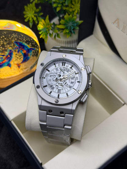 Luxury Silver Chronograph Men's Watch – Stainless Steel Analog Quartz Wrist Watch – Skeleton Style Dial