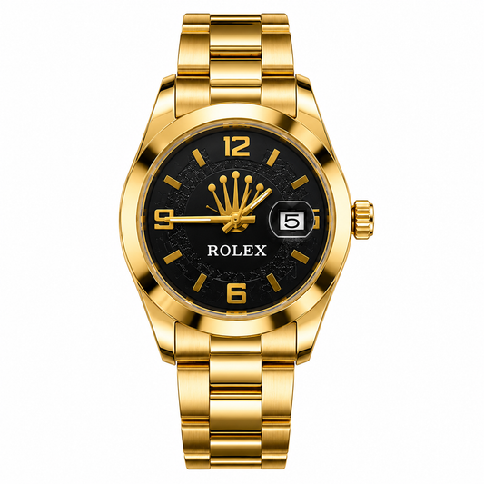 Royal Crown Gold Luxury Men's Watch – Black Dial, Date Display, Stainless Steel Strap, Waterproof Quartz Movement ⌚✨