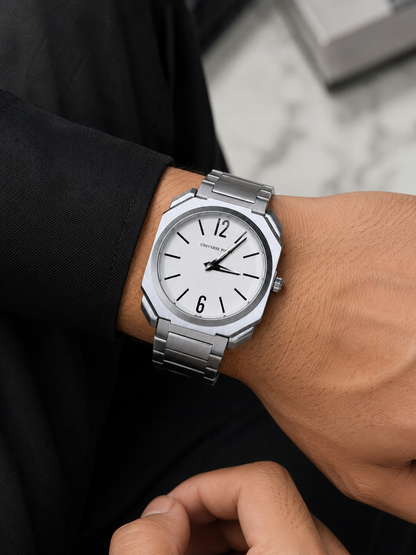 Universe Point Silver Octagonal Men's Watch – White Minimalist Dial – Stainless Steel Strap – Premium Analog Wristwatch