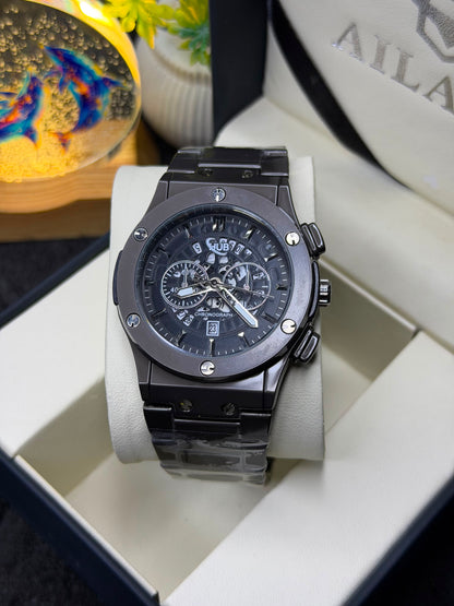 Luxury Silver Chronograph Men's Watch – Stainless Steel Analog Quartz Wrist Watch – Skeleton Style Dial
