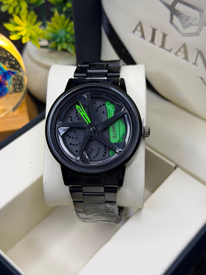 Luxury Black Sports Car Rim Design Men's Watch – Red Brake Caliper Dial – Stainless Steel Analog Quartz Wrist Watch
