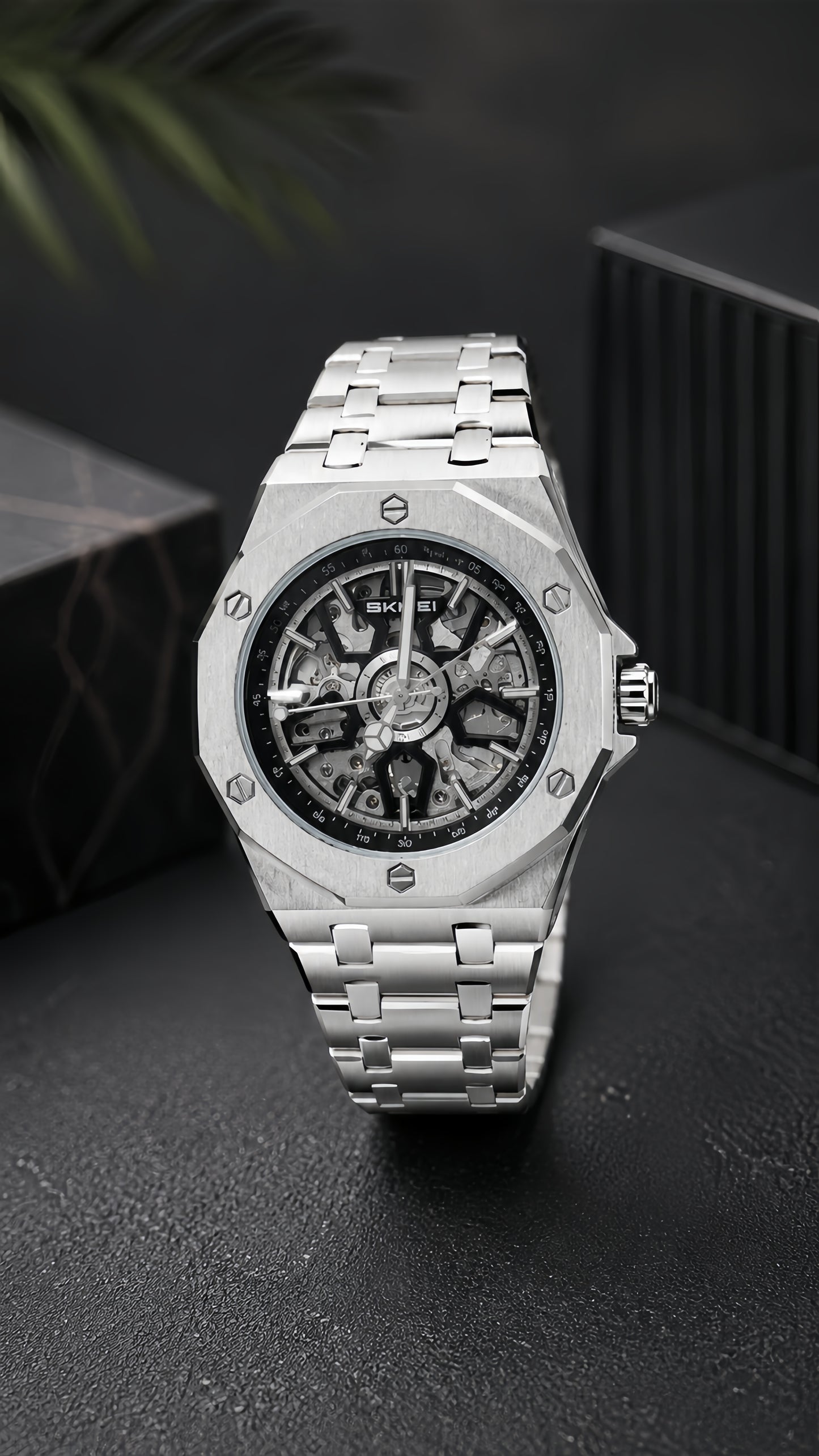 SKMEI M036 Premium Waterproof Skeleton Watch for Men | Luxury Silver Stainless Steel Wristwatch ⌚