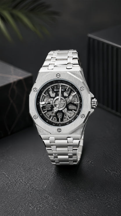 SKMEI M036 Premium Waterproof Skeleton Watch for Men | Luxury Silver Stainless Steel Wristwatch ⌚